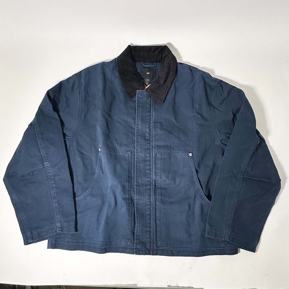 H&M Mens XL Blue Denim Chore Jacket Black Corduroy Collar Zip Front NWT